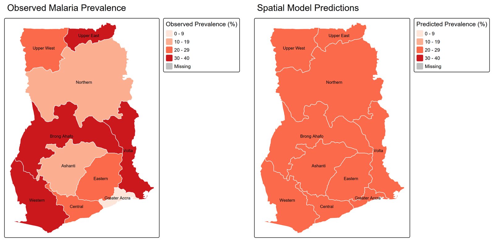 Side-by-side maps comparing observed and predicted malaria prevalence in Ghana