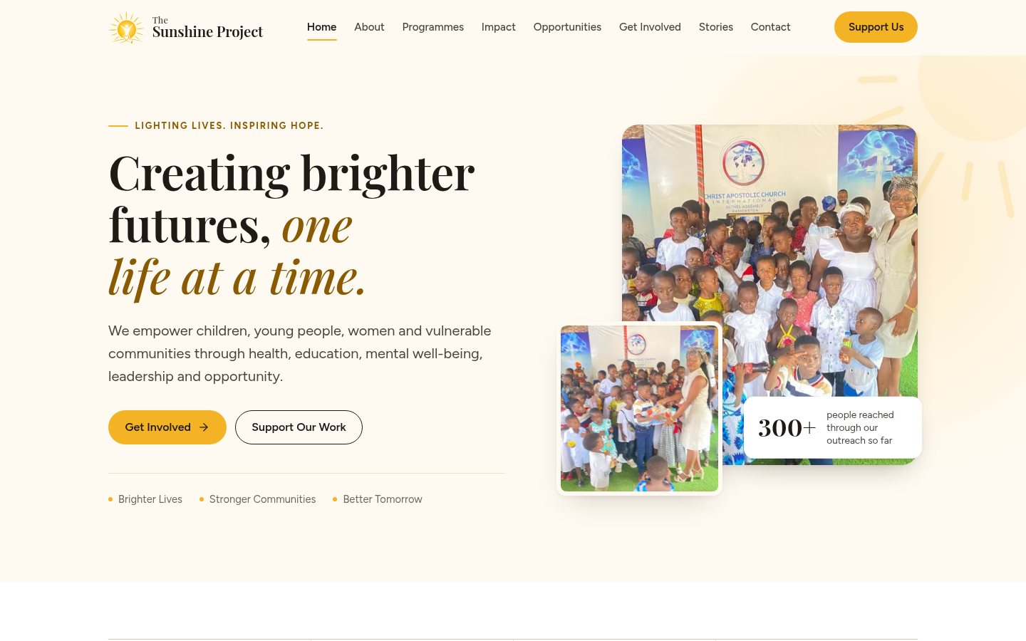 Homepage of The Sunshine Project website: Creating brighter futures, one life at a time, with photos of children at an outreach event